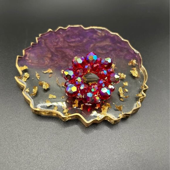 Jewelry - Vintage Red Aurora Borealis Crystal Glass Bead Brooch